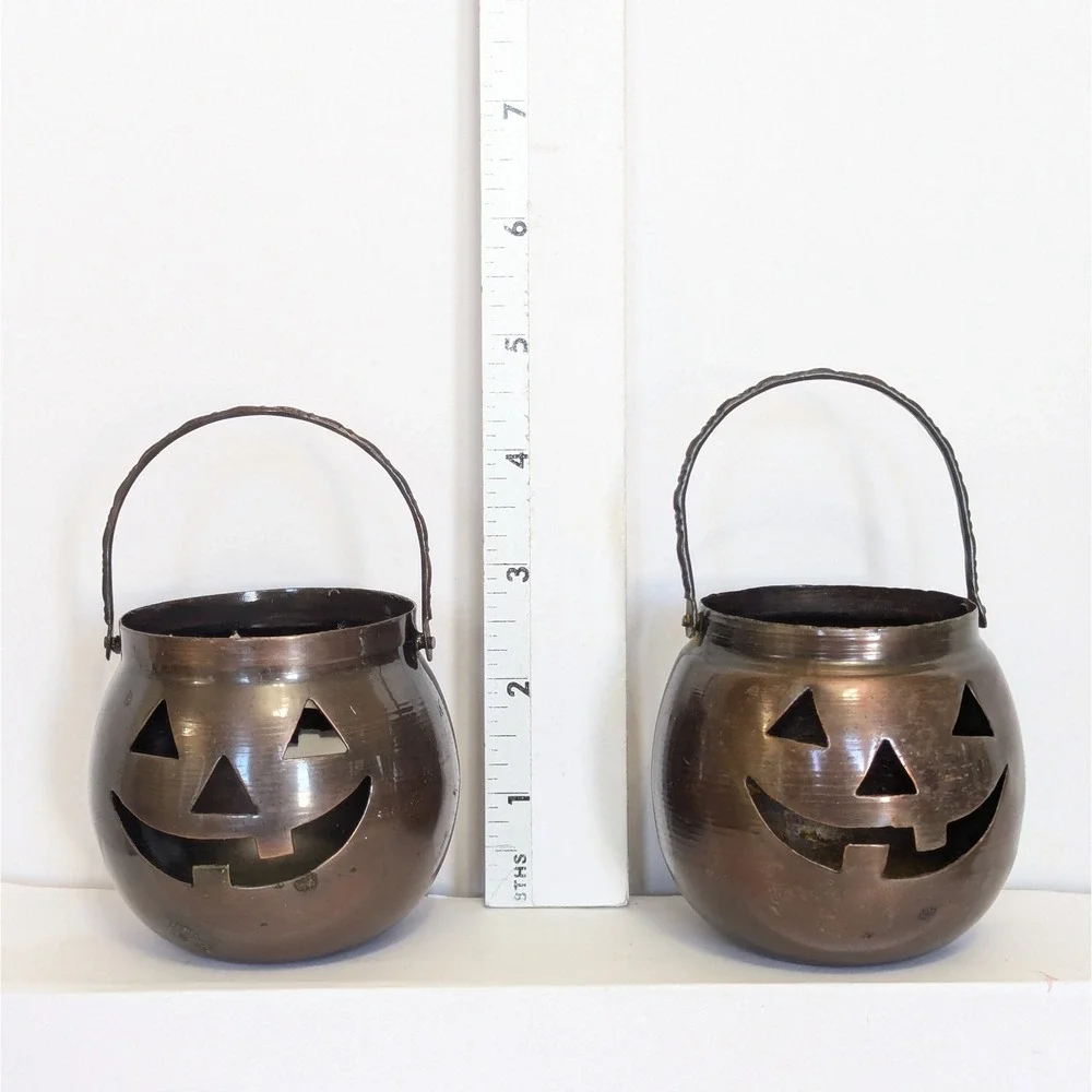4 Vtg Halloween HOSLEY USA Metal Jack-O-Lantern Pumpkin Tealight Candle Holders